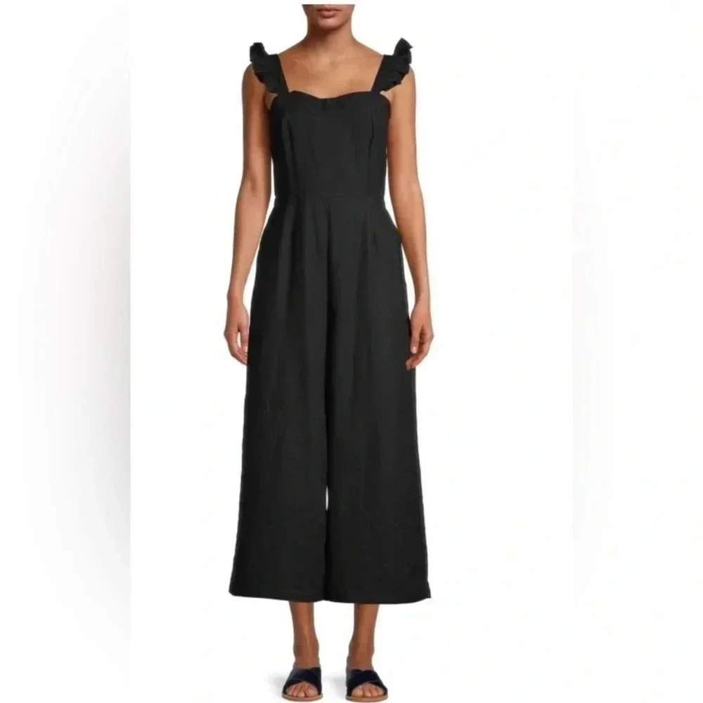 Lea&Viola Solid Ruffle Jumpsuit Black 100%Cotton With Pockets Wide Leg Crop EUC!